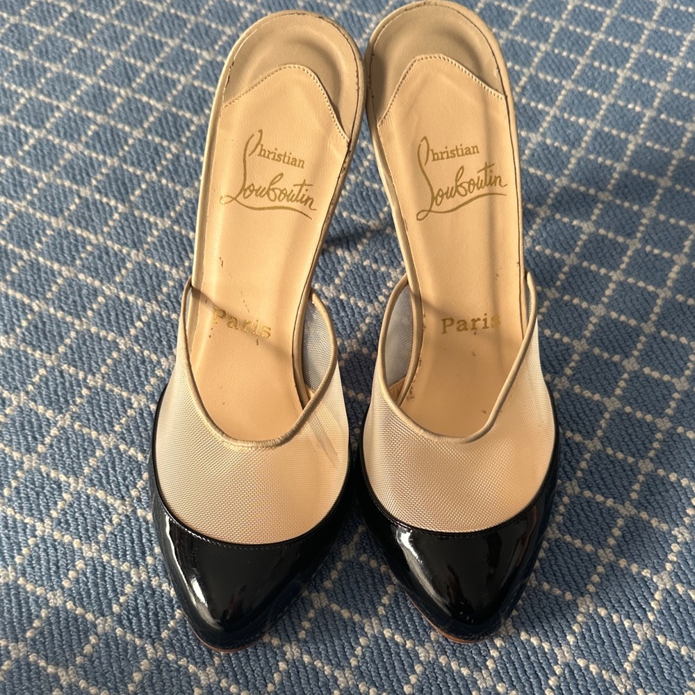 Christian Louboutin heels, black patent and sheer beige toe, size 38
